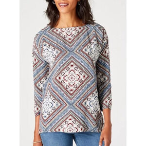 J. Jill Top Size 2X Patchwork Diamond Print 3/4 Sleeve Button Back Boho Flowy